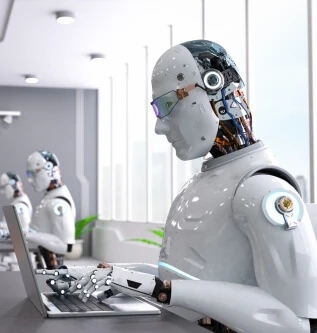 artificial intelligence types on laptops set up at desks in a room